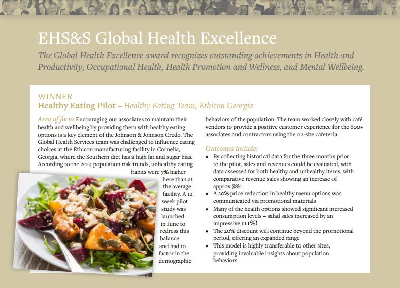 Eurest wins 2015 Johnson and Johnson Worldwide Environment, Health, Safety & Sustainability Award